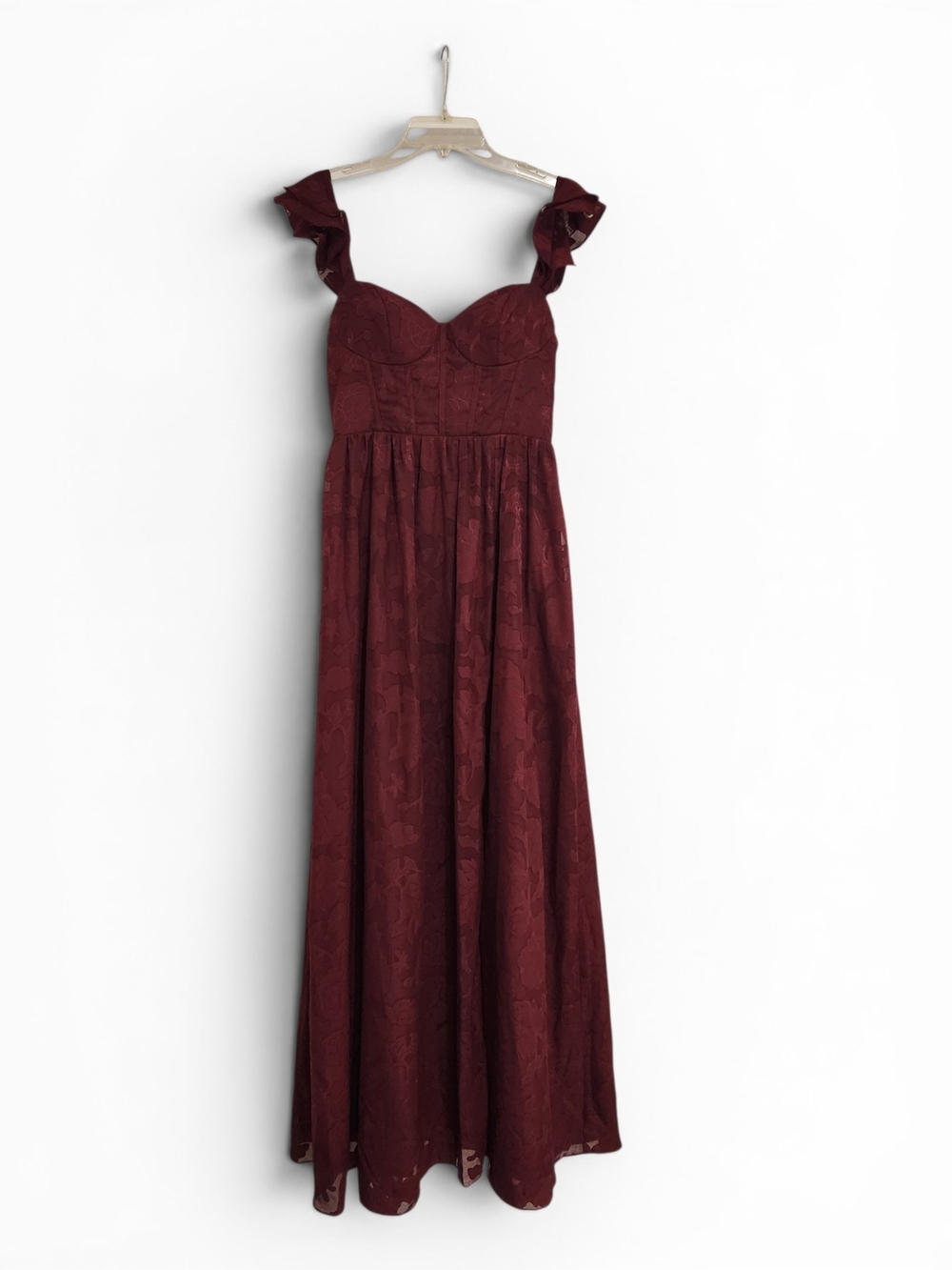 Azazie Atelier Burgundy Floral Jacquard Maxi Dress With Bodice And Slit Size 6